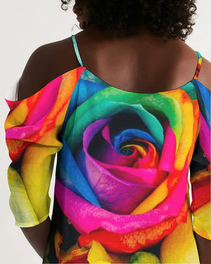Rainbow of Roses Women's Open Shoulder A-Line Dress